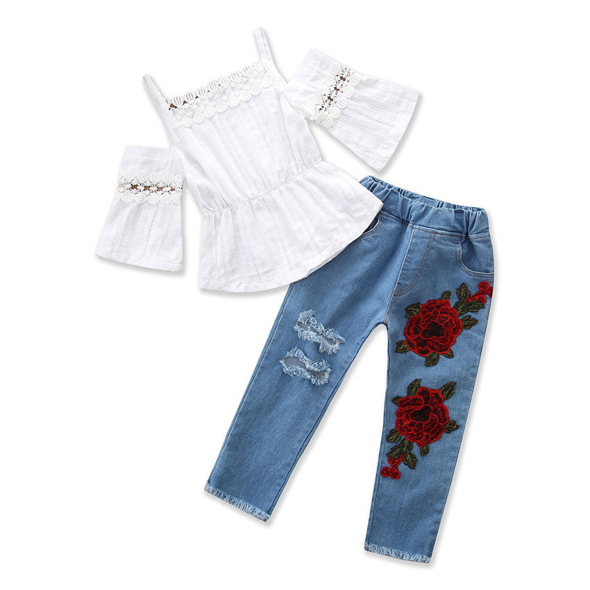 Summer Girls' Sling Shirt Plus Embroidered Jeans Suit