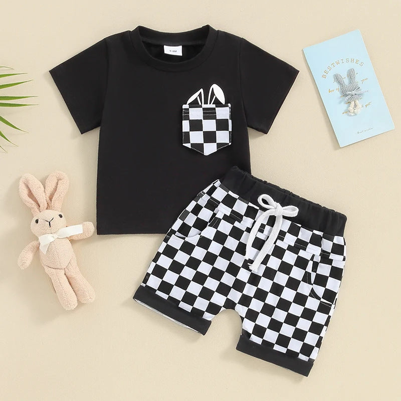 Children's Black And White Plaid Shorts Suit