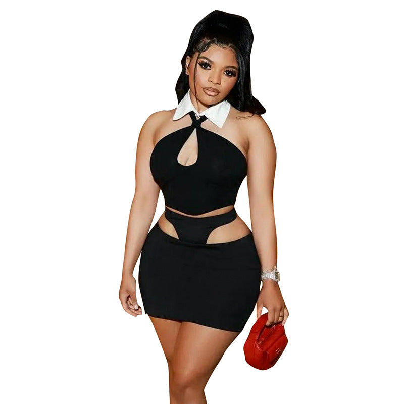 Women's Fake Lapel Twisted Short Vest Underpants Set Skirt Outfit