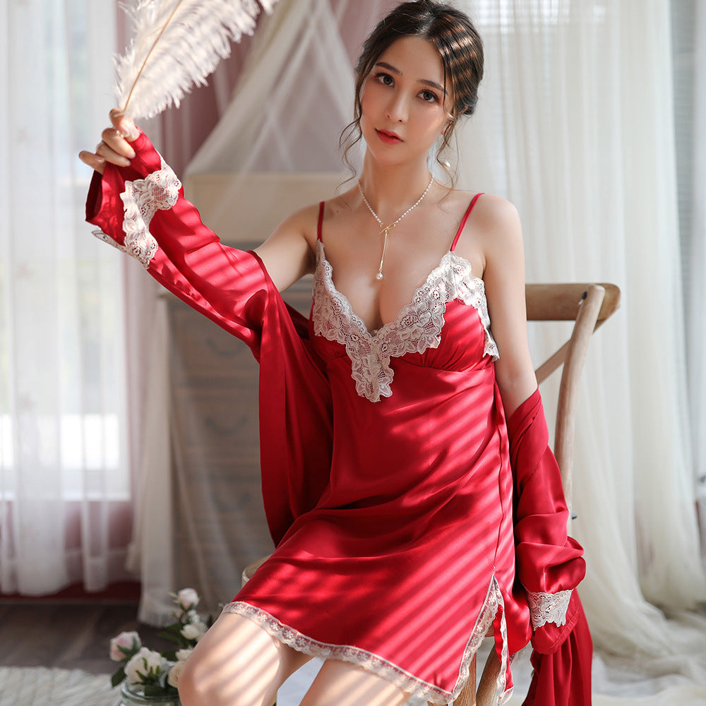 Women Ice Silk Sexy Pajamas Lace Suit