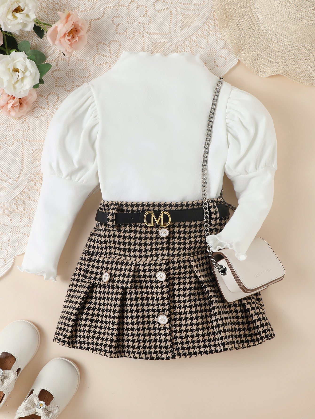 Fashion Houndstooth With Belt Skirt