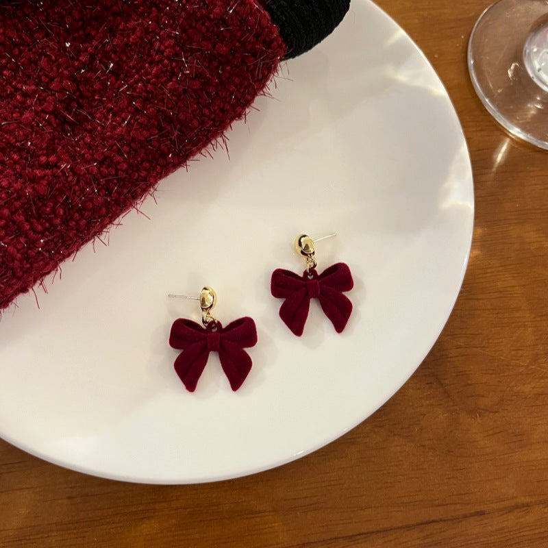 Wine Red Flocking Bow Stud Earrings Women's