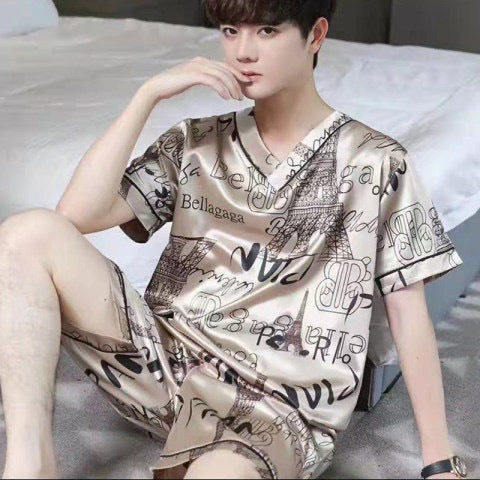 Men's Pajamas L-7XL Plus-sized Plus Size Summer V-neck Ice Silk Thin Fat Brother Loose Home Wear