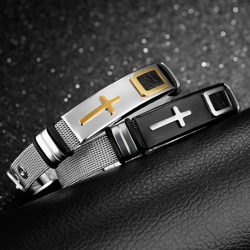 Men's Adjustable Bracelet 3D Cross Stainless Steel Mesh Chain Bracelets Bangles