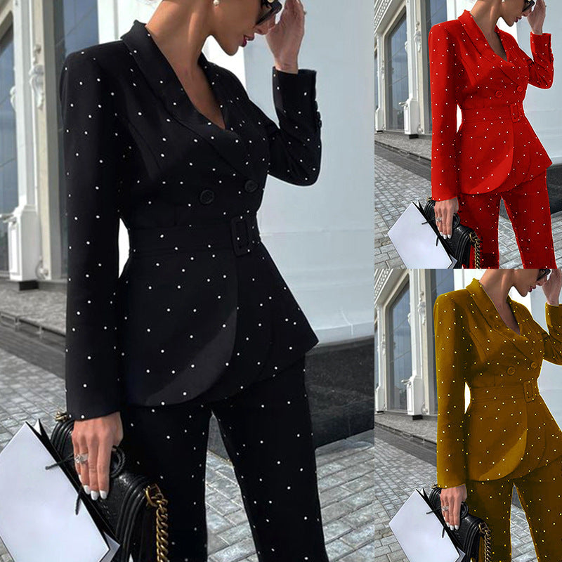 Women's Black Polka Dot Long Sleeve Two-piece Suit