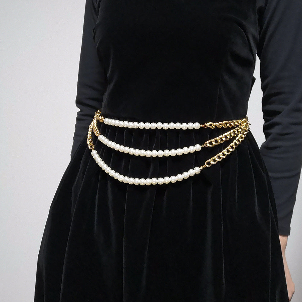 New Ladies Waist Chain Three-layer Pearl Chain Stitching Belt Dress Evening Dress Shirt Accessories Temperament Slim Fashion Classic Versatile Style