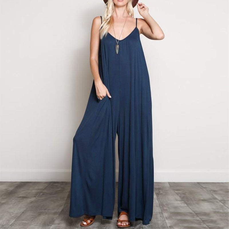 Casual Loose V Neck Long Jumpsuits