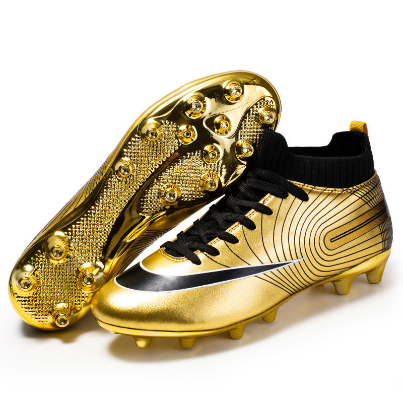 High Top Football Shoes With Long, Broken Nails And Gold Soles On Grass