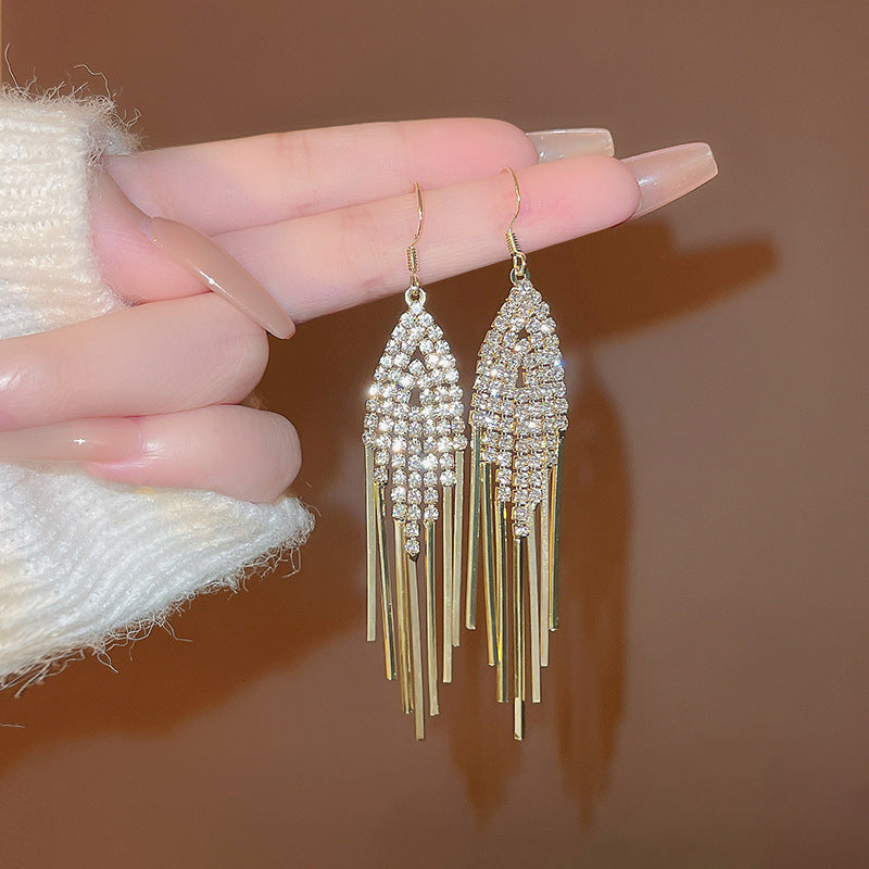 Silver Needle Exquisite Full Diamond Long Fringe Earrings Women