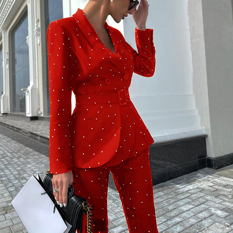 Women's Black Polka Dot Long Sleeve Two-piece Suit