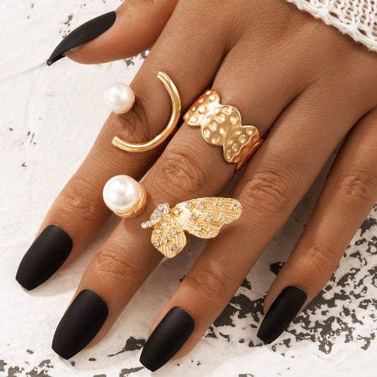 Irregular Geometric Ring Diamond Wings Asymmetric C- Shaped Ring 3-piece Set