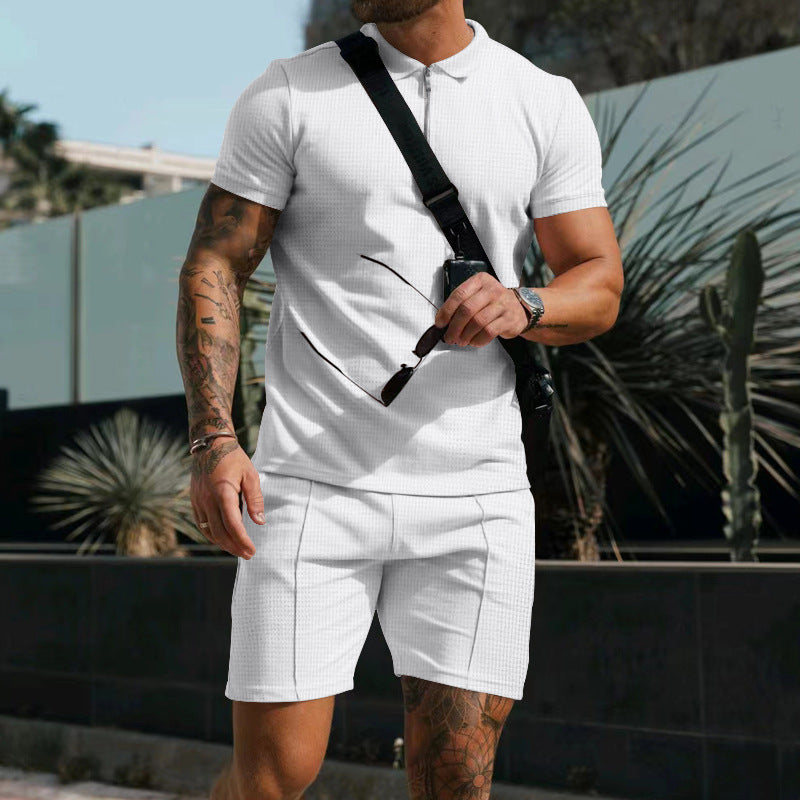 Men's Short Sleeve Shorts Casual Suit Summer Waffle Solid Color Casual Loose Lapels T-shirt Suit Men