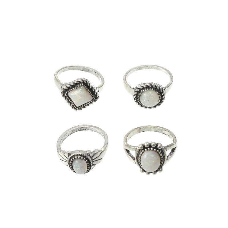 European And American Bohemian Retro Distressed Acrylic Paillette Four-piece Ring Set Women