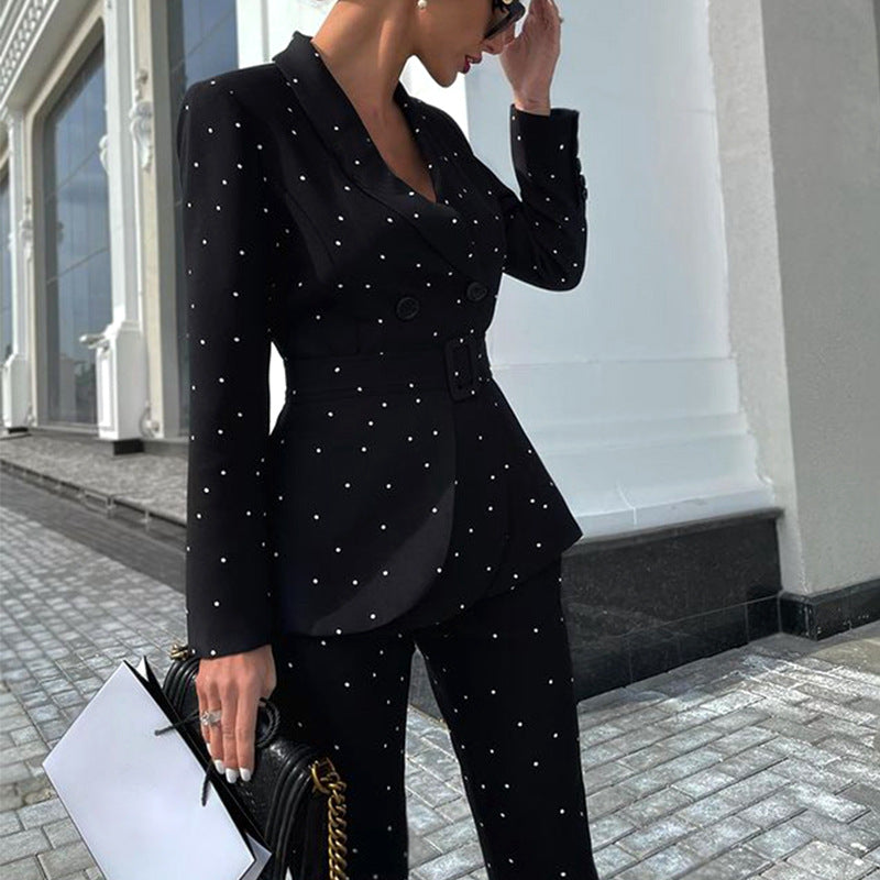 Women's Black Polka Dot Long Sleeve Two-piece Suit