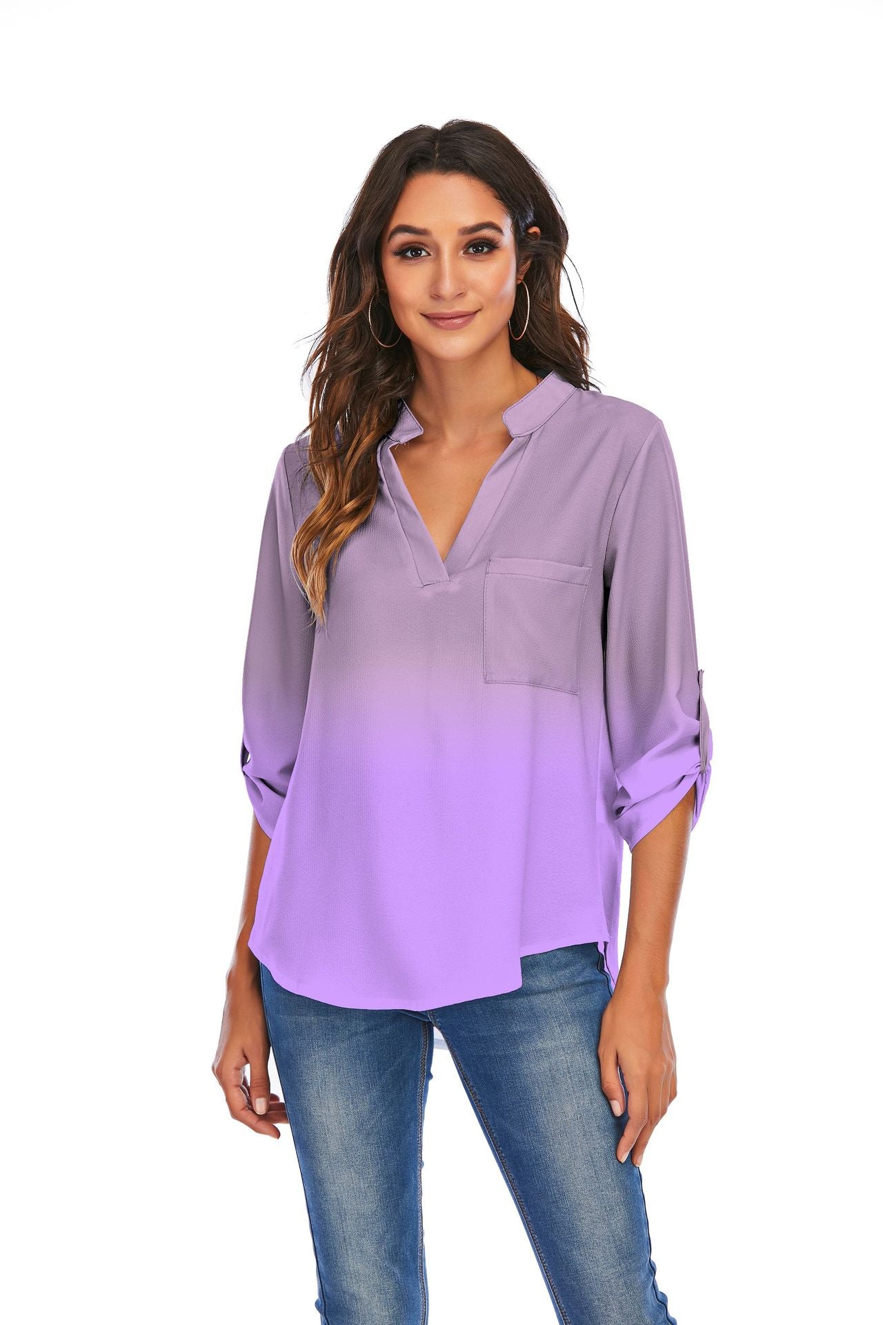 Gradient V-Neck Pockets Loose Shirts