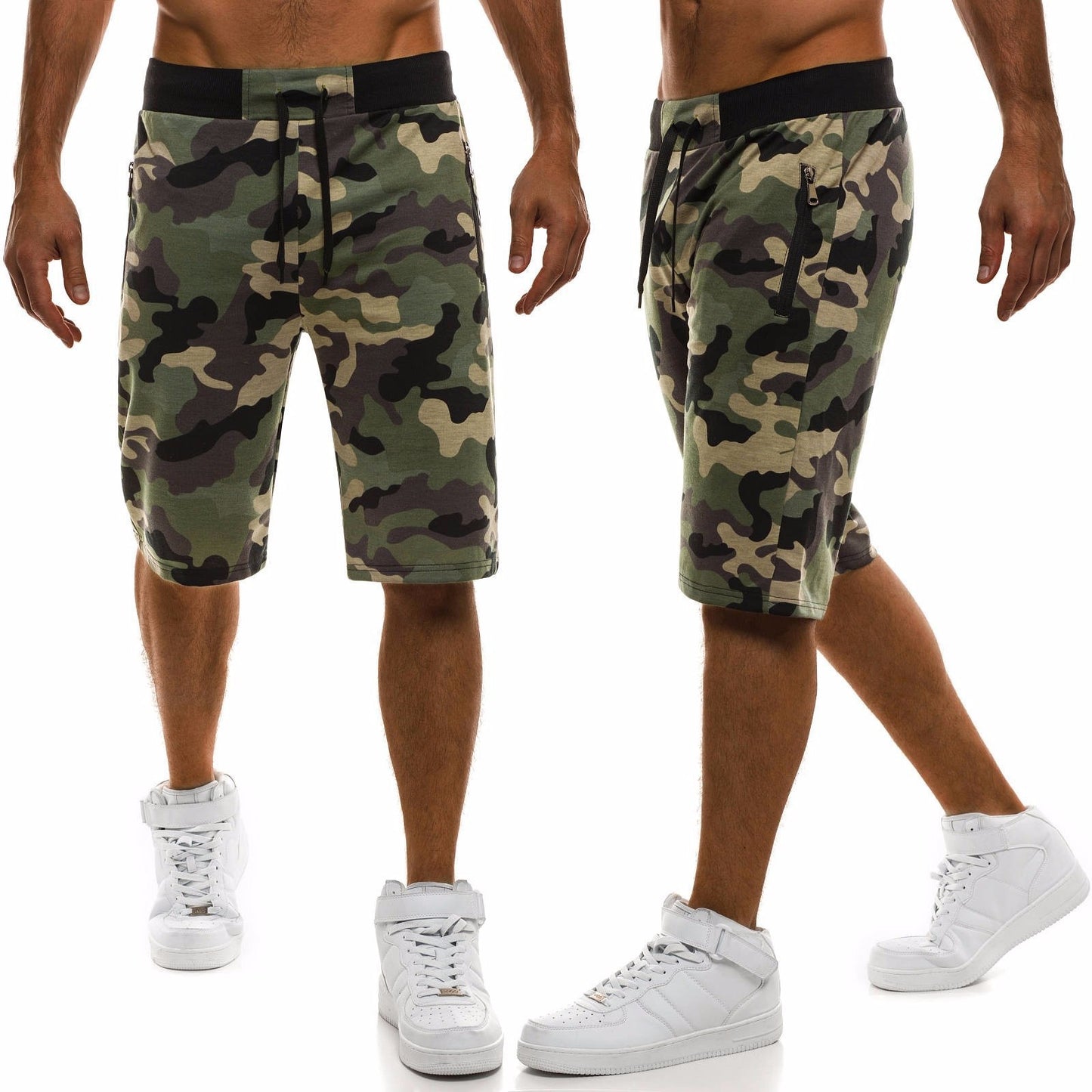 Shorts Sports Fitness Five-Point Pants Tether Zipper Shorts Straight Camouflage Beach Pants Men