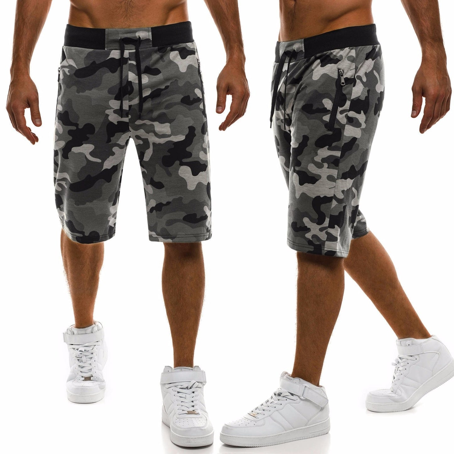 Shorts Sports Fitness Five-Point Pants Tether Zipper Shorts Straight Camouflage Beach Pants Men