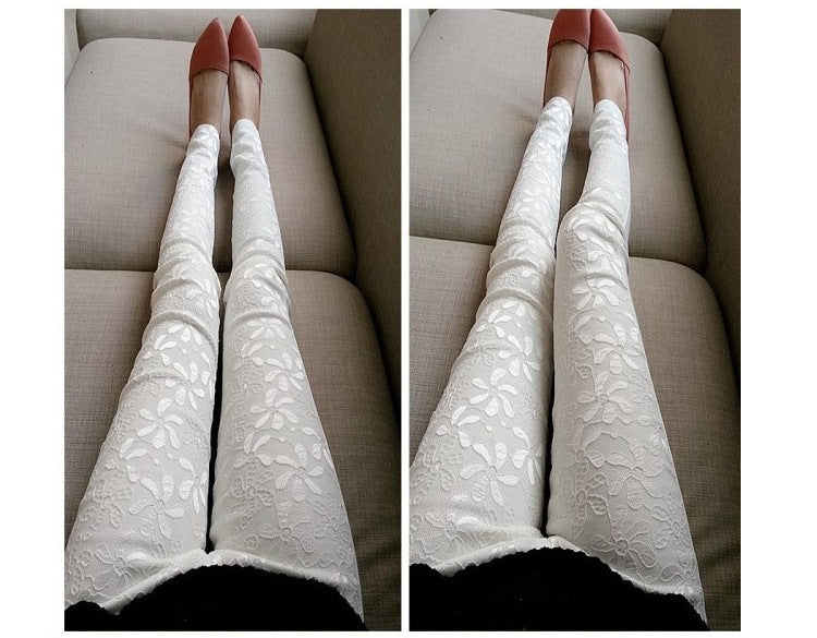 Women Pencil Feet Pants Lace Stitching