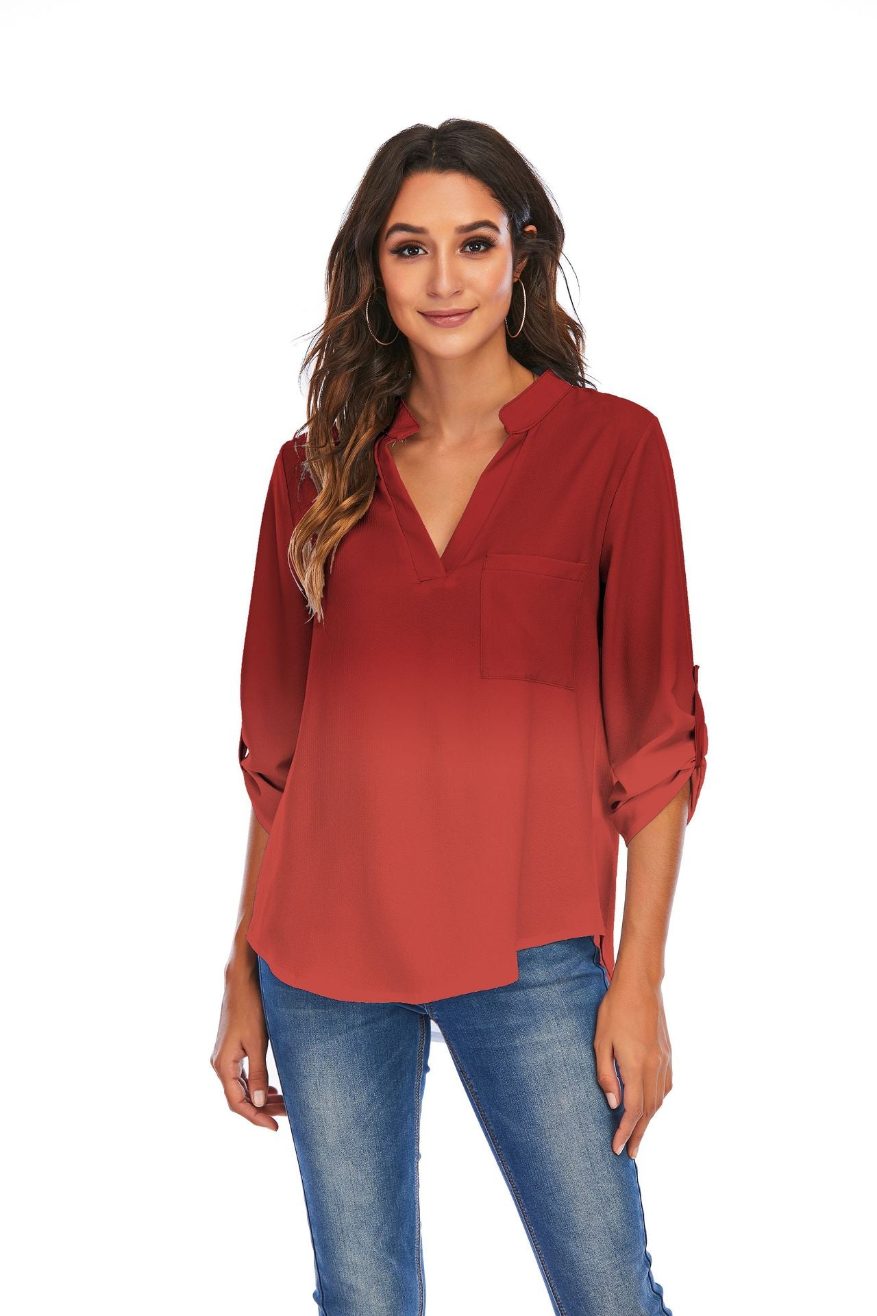 Gradient V-Neck Pockets Loose Shirts