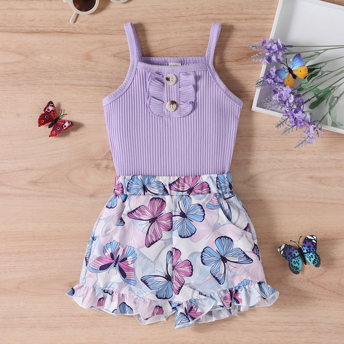 Cute Purple Strap Sunken Stripe Butterfly Shorts Two-piece Set