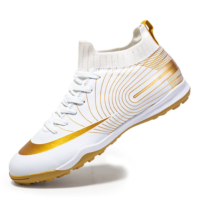 High Top Football Shoes With Long, Broken Nails And Gold Soles On Grass