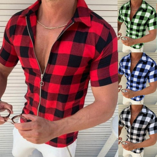 Short Sleeve Plaid Zipper T Shirts