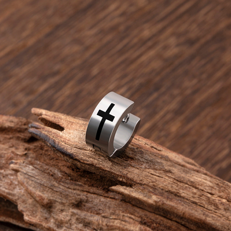 Black Silver Stainless Steel Cross Stud Earrings For Men