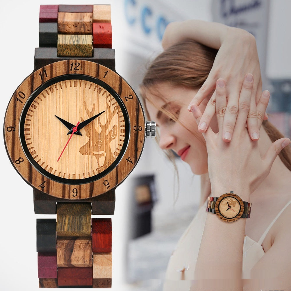 Classic Women's Colorful Elk Quartz Wooden Watch