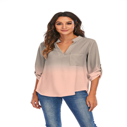 Gradient V-Neck Pockets Loose Shirts