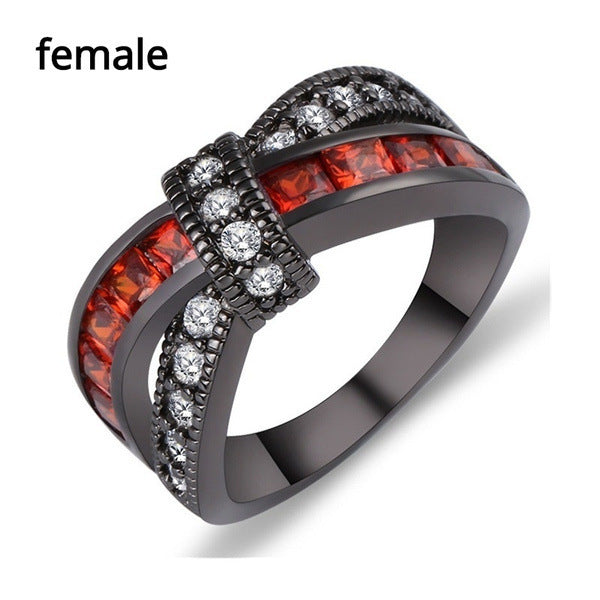 New Black Gold Garnet Red Cross Zircon Ring