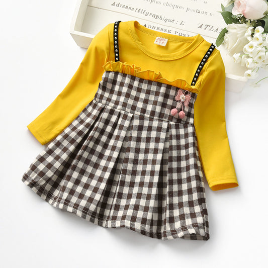 Factory Autumn Rivet Plaid Long Sleeve Children Girl Dress Girl Fake Two-piece Lace Princess Dress