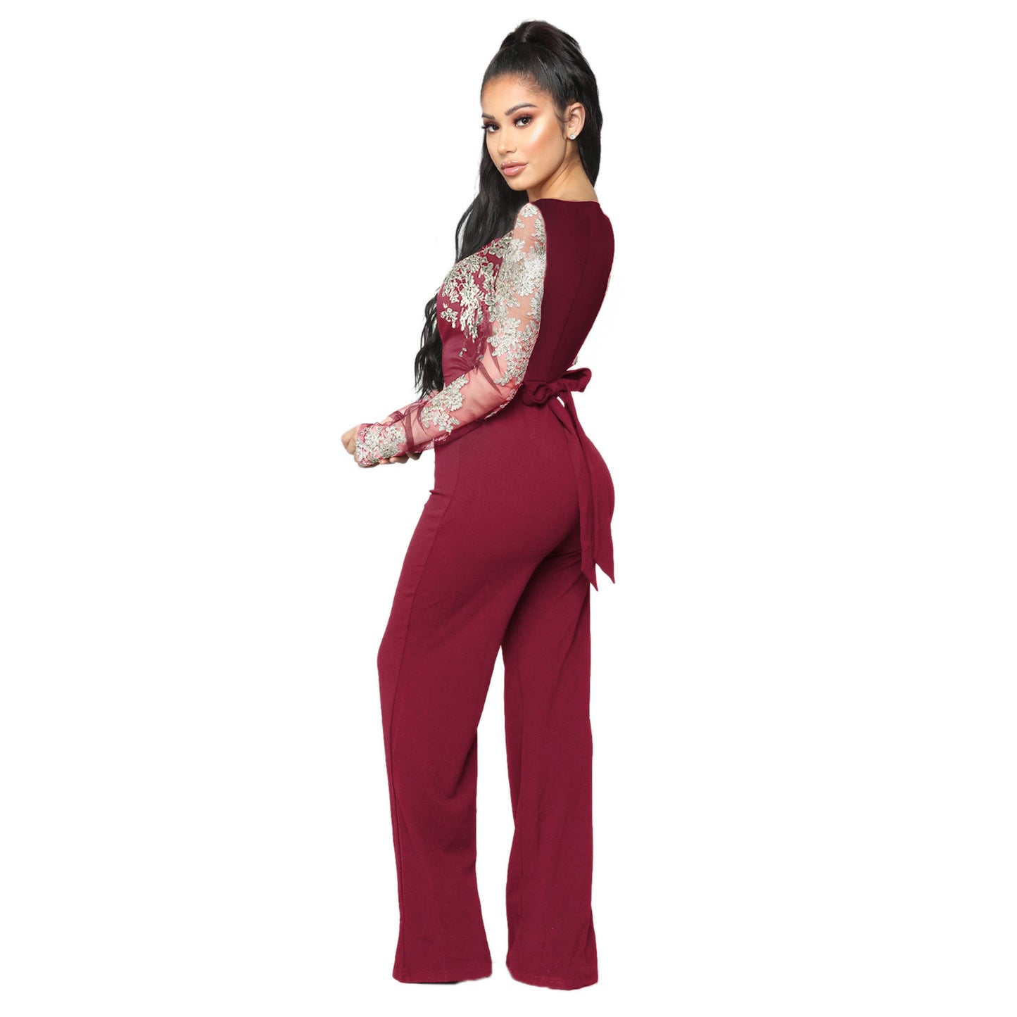 Autumn And Winter Hot-selling Women's Casual Ladies Water-soluble Lace V-neck Long-sleeved Wide-leg Jumpsuit