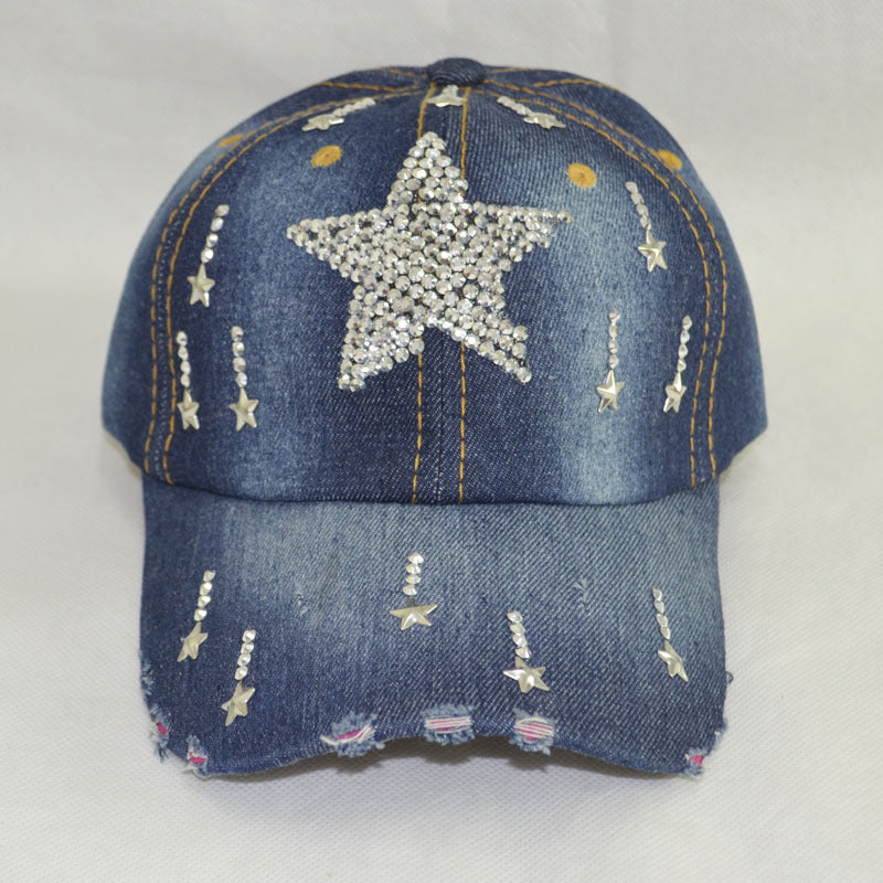 European And American Fashion Rhinestone Peaked Personalized Denim Hat Old Diamond Women's Sunshade Baseball Hat Wholesale Customized