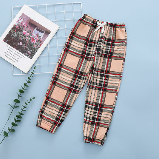 Girls Fashion Casual Plaid Print Trousers