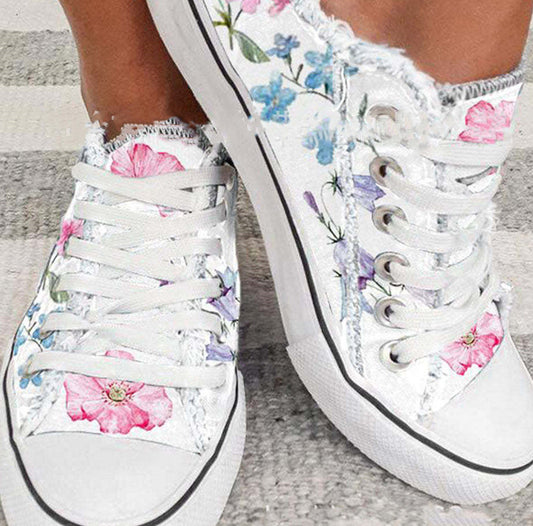 White Floral Canvas Shoes Women Large