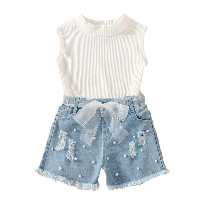 Sleeveless Pit Strip Denim Shorts