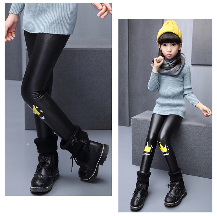 Girls' Fleece-lined Thick Leather Pants Leggings