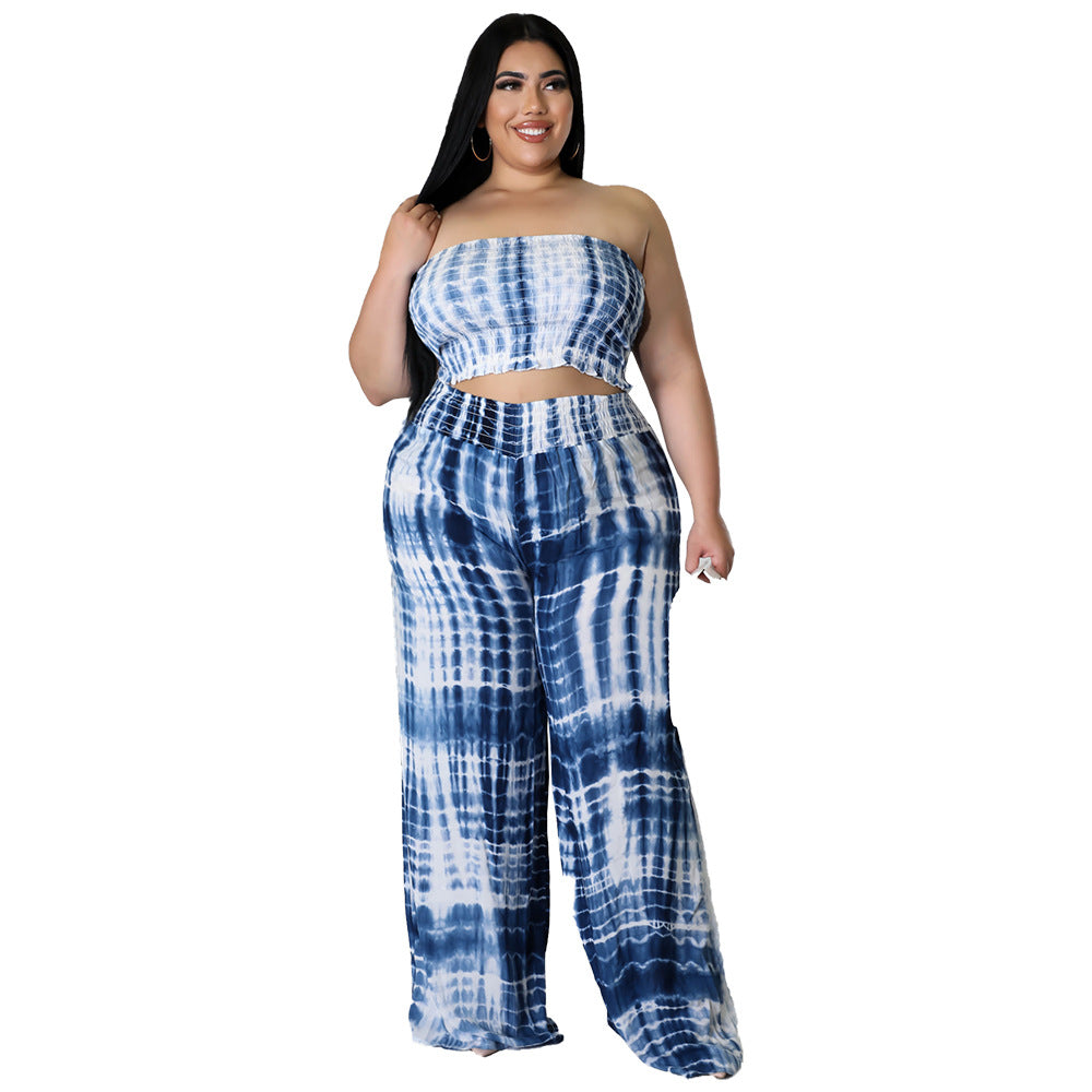 Women's Tie-dye Print Chest-wrapped Backless Plus Size Two-piece Suit