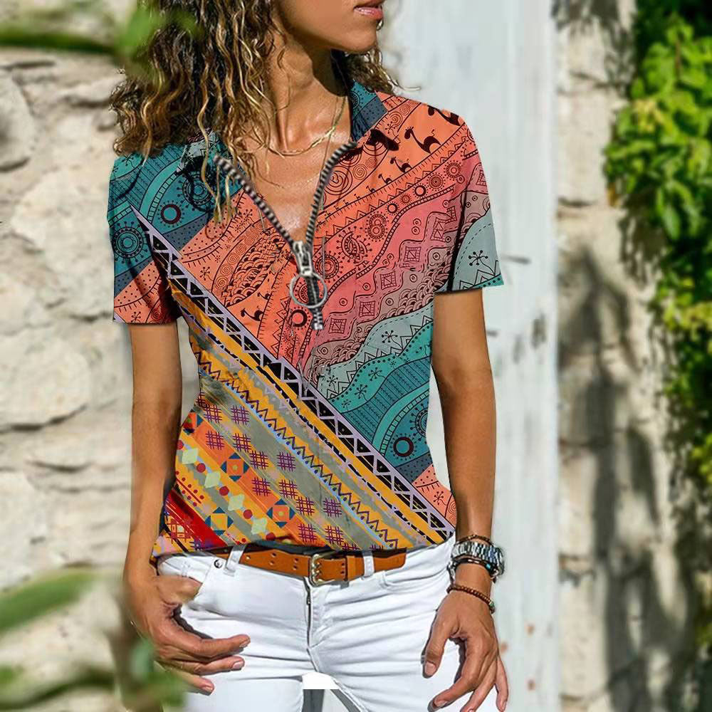 Bohemian Western Ethnic Wind Zipper Shirts With Short Sleeves