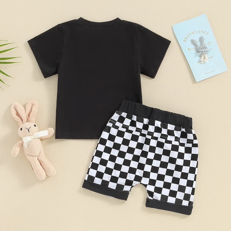 Children's Black And White Plaid Shorts Suit