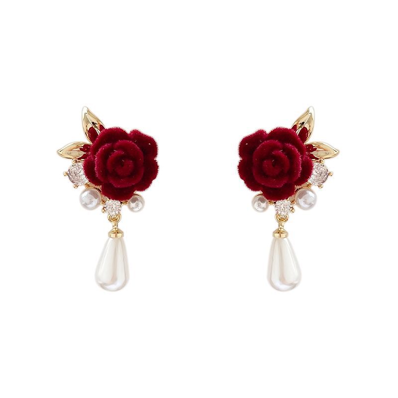 Retro Autumn And Winter Burgundy Velvet Rose Pearl Earrings Female Temperament High Sense