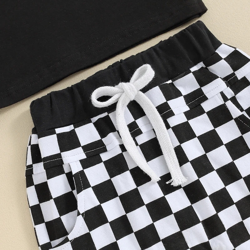 Children's Black And White Plaid Shorts Suit