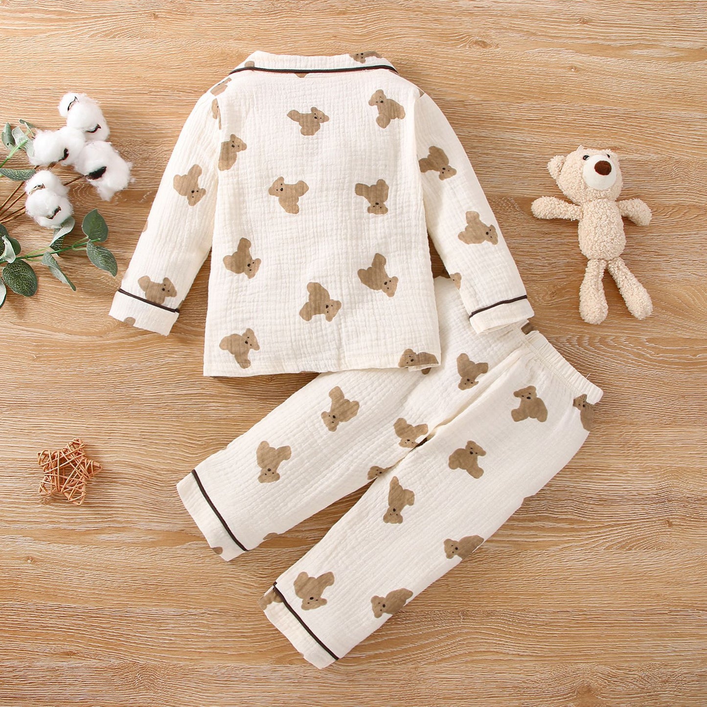 Girls' Bear Printed Pajamas Long-sleeve Suit