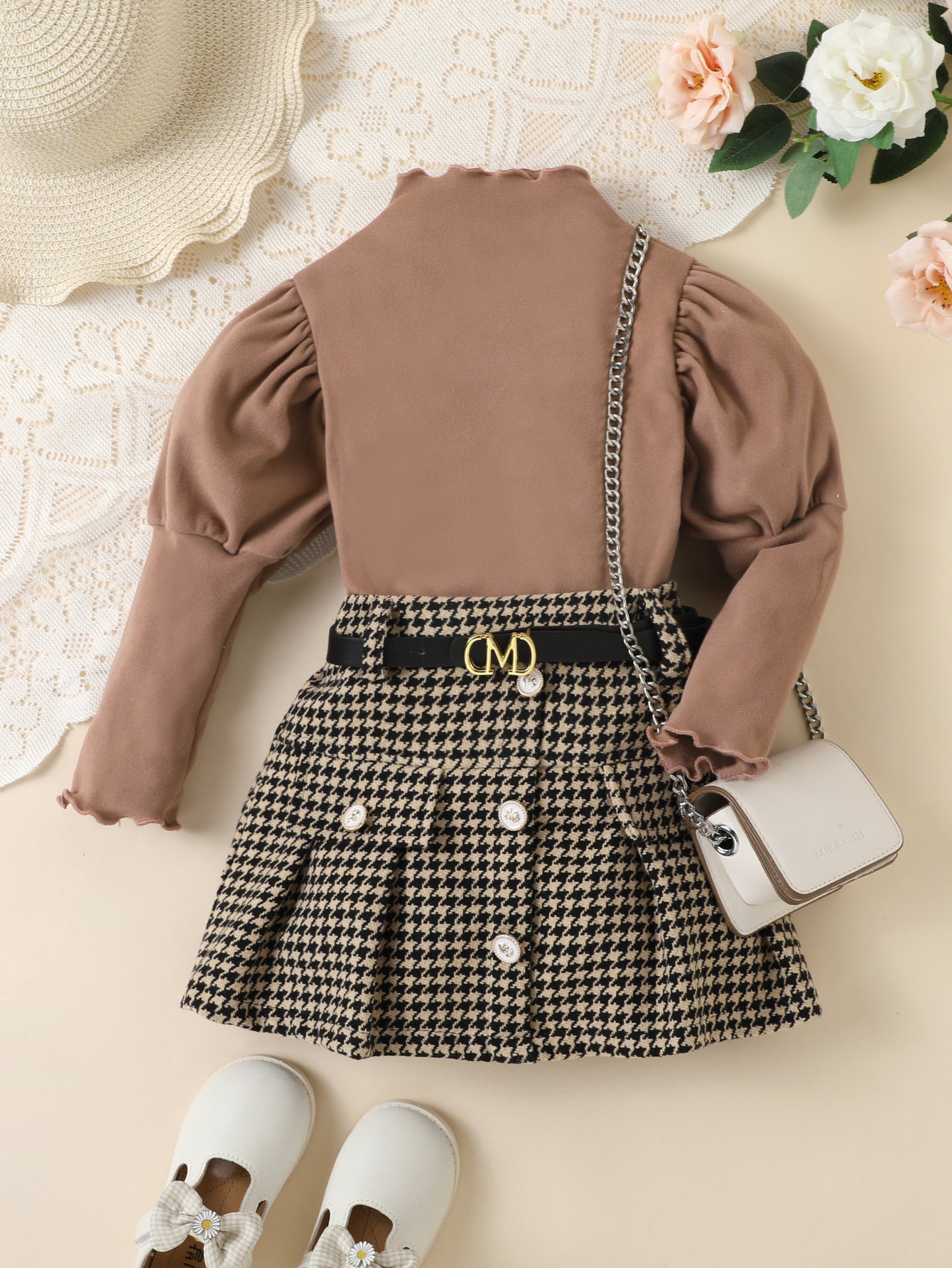 Fashion Houndstooth With Belt Skirt