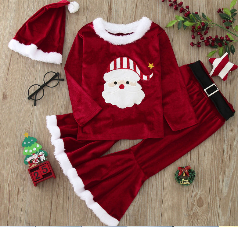 Christmas Plush Suit Top Bell-bottom Pants Hat Three-piece Set