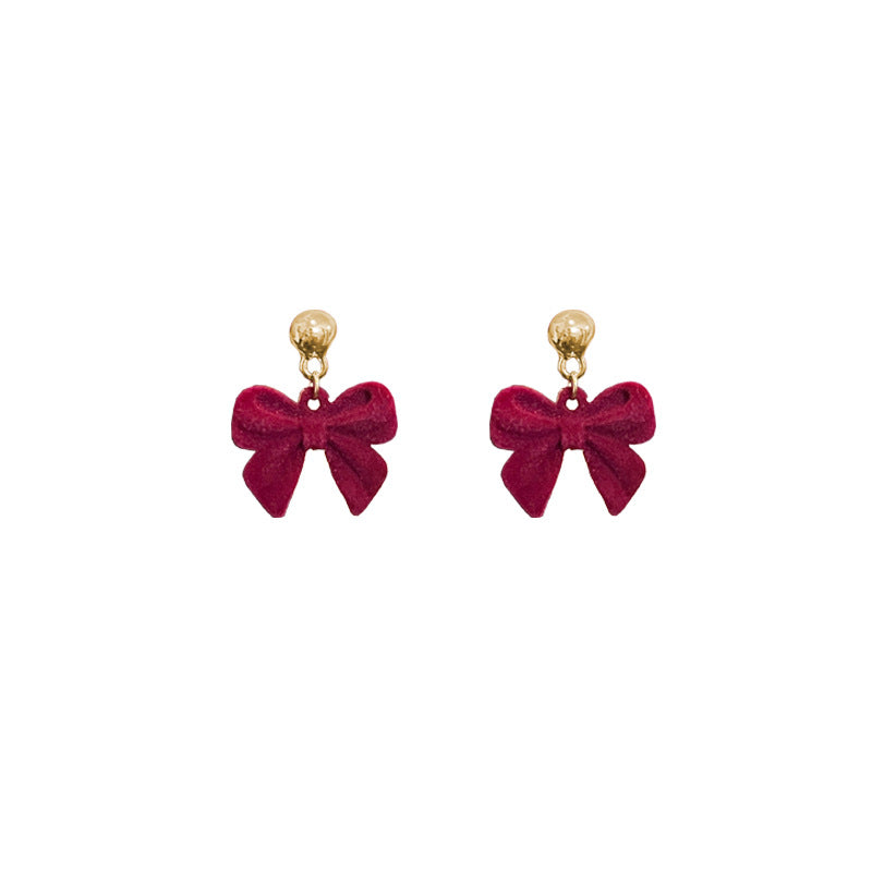 Wine Red Flocking Bow Stud Earrings Women's