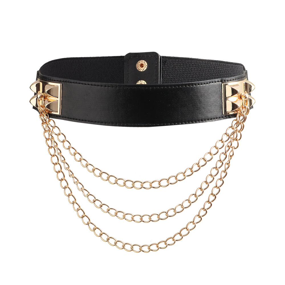 Punk Gold Rivet Chain Women's Belt Women's Elastic Stretch Wide Waist Corded Waist Black Slim Belt