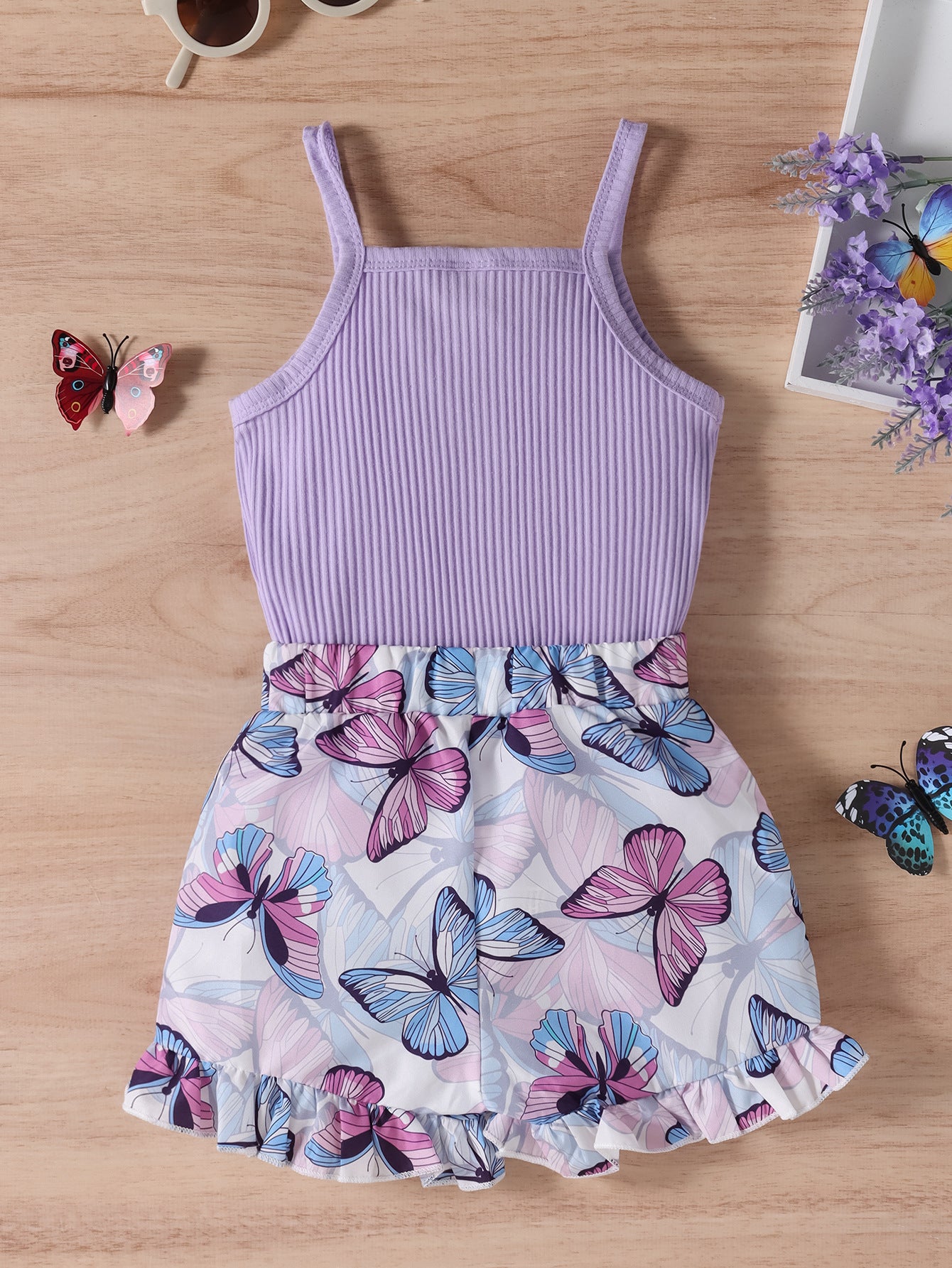 Cute Purple Strap Sunken Stripe Butterfly Shorts Two-piece Set