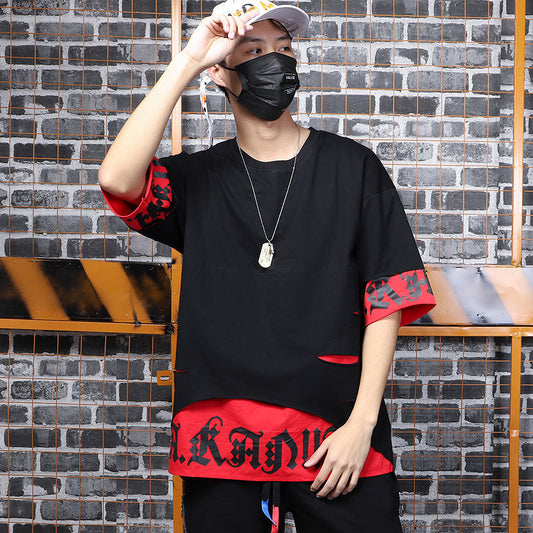 Short Front And Long Back Punk Trend Hip-hop Hole Hit Color Fake Two Sleeve T-shirts