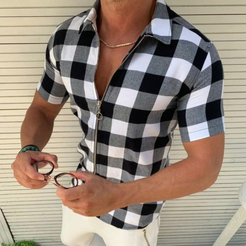 Short Sleeve Plaid Zipper T Shirts